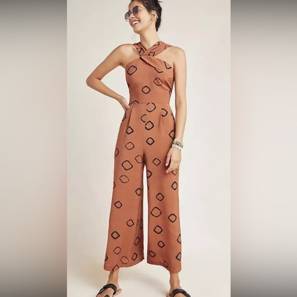 Anthropologie | Eva Franco Brown Jumpsuit with Geometric Pattern - Picture 2 of 11